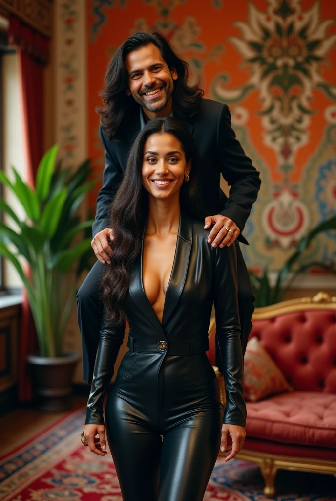 Create a realistic photograph of a smiling and beautiful indian woman in black leather suit carrying a tshirt wearing large stout man on her shoulder , in a exotic room, man is sitting on top of her shoulder, man on top, woman standing at bottom