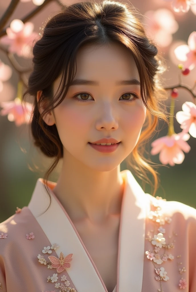 An elegantly dressed Japanese woman in natural light、A close-up of her chest and calm expression.、It shows her inner peace and outer charm.。
