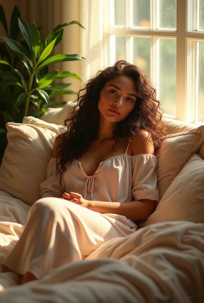 (photorealism:1.2), beautiful woman, sitting on bed, wearing loose off-shoulder top, pajama pants, long curly hair, indoors, soft lighting, plants in background, window with sunlight, cozy room, relaxed pose, realistic, intricate details, warm colors, by Greg Rutkowski, by Alphonse Mucha