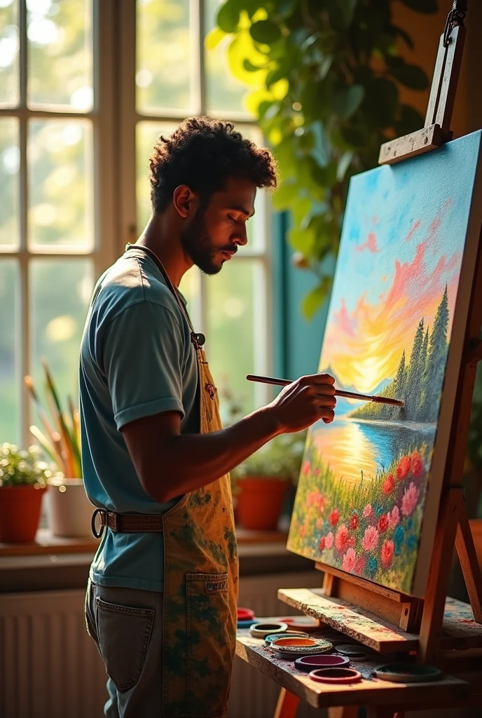 A handsome man with light eyes and dark skin painting a picture.