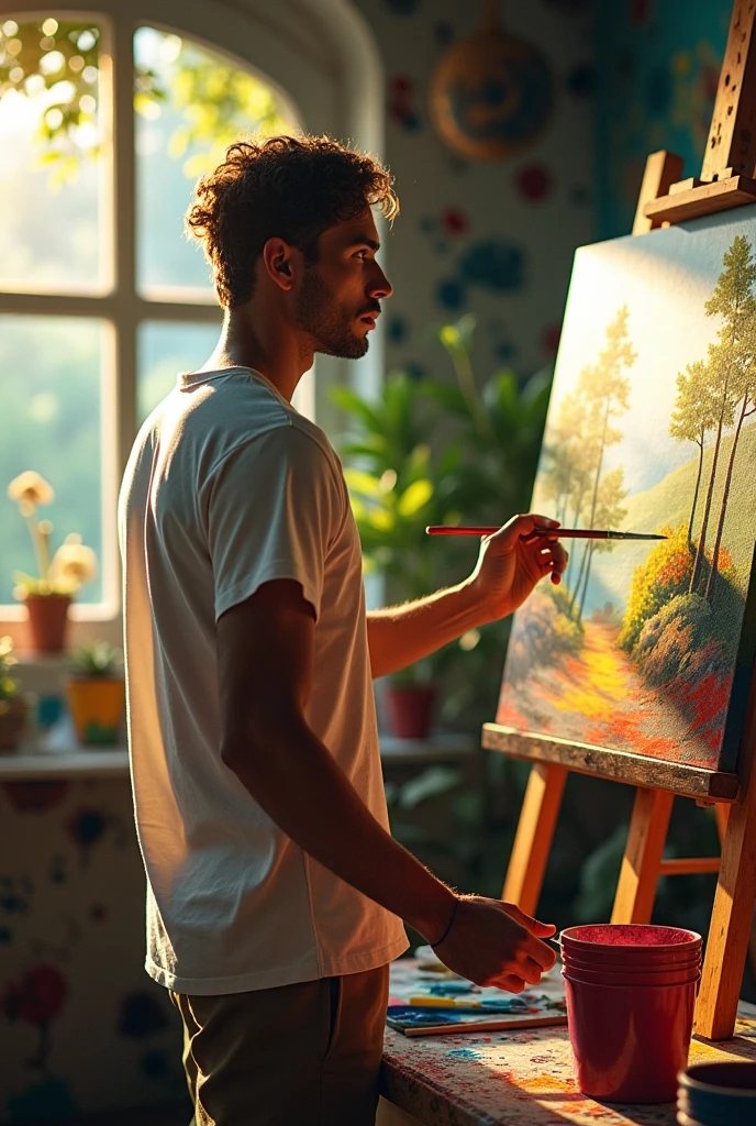 A handsome man with light eyes and dark skin painting a picture. 