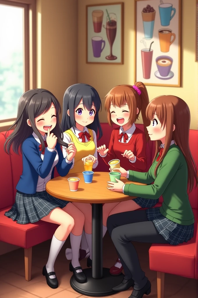 3D image of four girls sitting together in a café, wearing different school uniforms. They are talking, smiling and holding their drinks. cartoon style