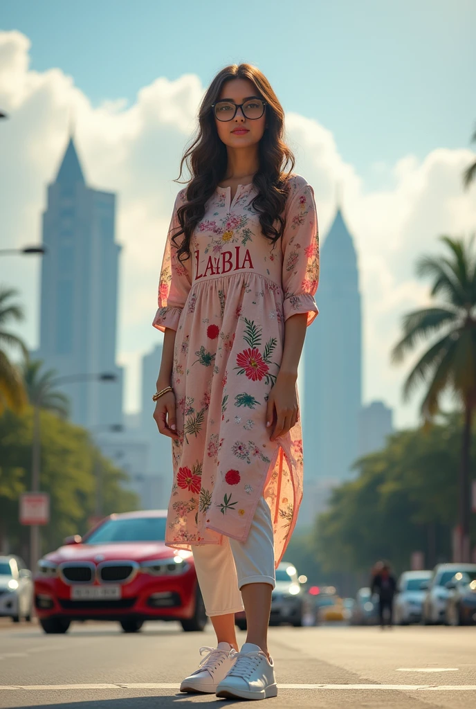 A real22years old girl, Wearing  frock and white trozar_ sneakers and the name “ laiba is written on frock black glasses her eyes hand the Girl is standing on the road with holding a national car  of and behind him is the Lahore And written on sky “ Create Realistic image high quality..
