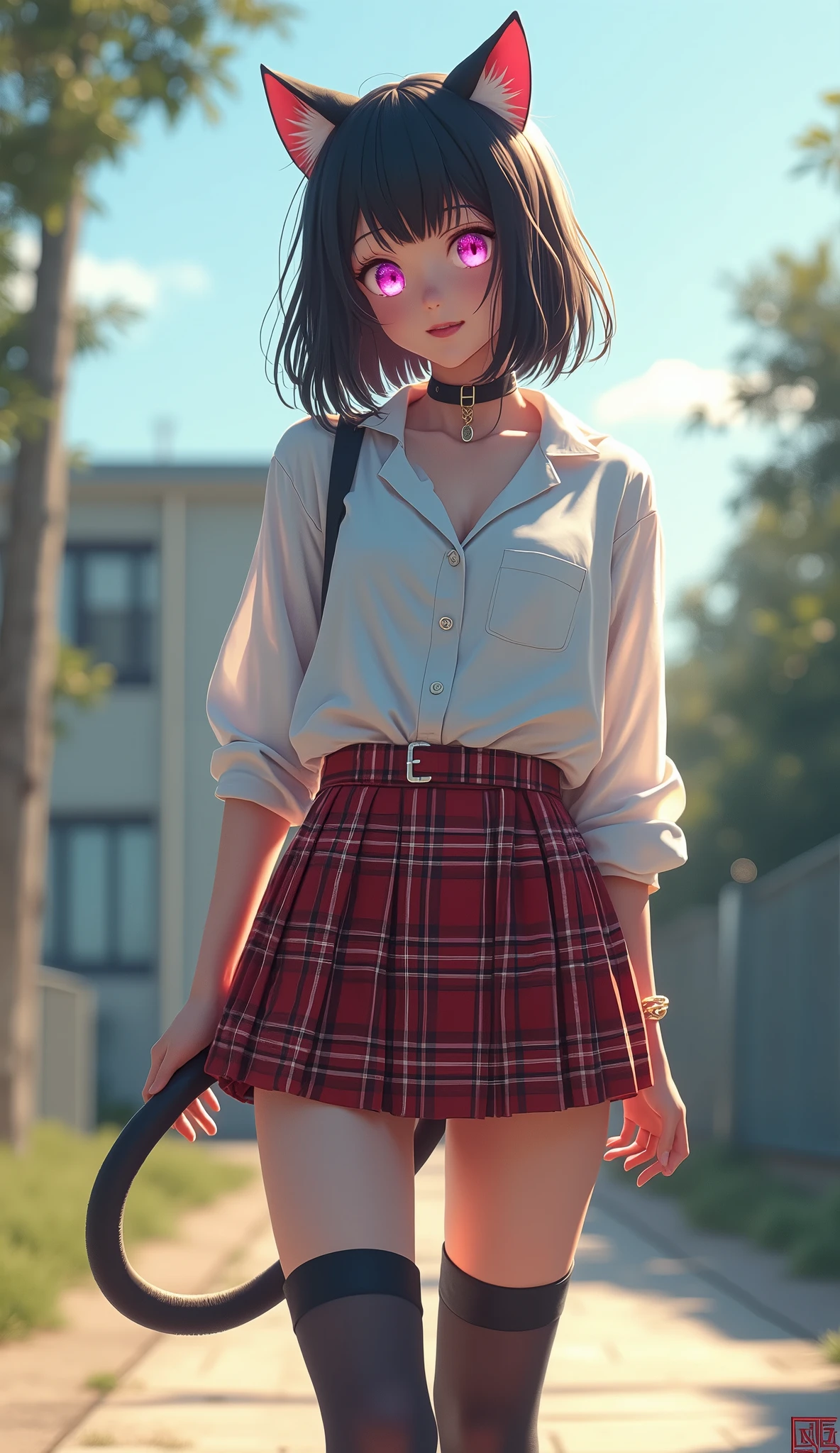 (((There is one girl:1.5))),Waifu E-girl, Cat Ears, Cat Tail, ((Glowing-Pink-Eyes)),(((A tall high school girl with a model figure))),Perfect proportions,(Standing facing this),Full body photography,(wide thighs, Very long legs),Fleshy,Mid-chest,(((Cleavage))),Breast enlargement,swelling of the nipples,Unbutton your shirt,Loafer Asterpiece on the ground:1.3),((8k, Photorealistic:1.4)),((Surreal,RAW Photos, highest quality: 1.4)),((Ultra high definition,Super detailed)), Beautiful Face,((Realistic face),(Brown's shortcuts:1.3)),Short Hair,Disheveled Hair,Fluffy hair,Detailed eyes,Realistic beautiful skin,Golden Ratio,Super cute,Open your mouth a little,smile,High school girl in summer clothes,White shirt,Sweaty,Wetty,(Wet shirt),See-through shirt,Light clothing,Surreal school girl,pleated micro mini skirt,Checkered micro mini skirt,Pleated miniskirt with tartan check,((I can see your panties!!)),pantyhose,(Black Stockings),((Knee-high stockings)),loafers,Esbian all over,High school girl wearing JK uniform,Sexy pose,Anatomically accurate body,Precisely drawn fingers,