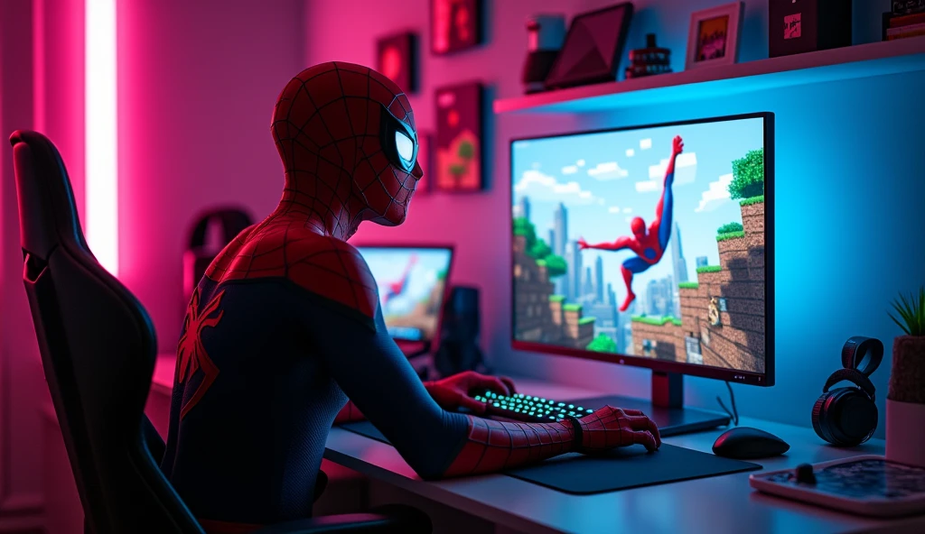 Spider-Man, in his 2022 film style with a sleek, high-tech suit, is sitting in his futuristic bedroom, intensely focused on playing Minecraft on a PS5. The room is dimly lit with neon lights, and the walls are adorned with superhero action posters and tech gadgets. The TV screen displays a Minecraft world, where Spider-Man is building and battling mobs, blending creativity with action. His expression is serious, almost as if he’s preparing for a real mission. The atmosphere combines the relaxed, blocky aesthetic of Minecraft with the high-energy, action-packed vibe of Spider-Man’s world, creating a unique fusion of adventure and gaming