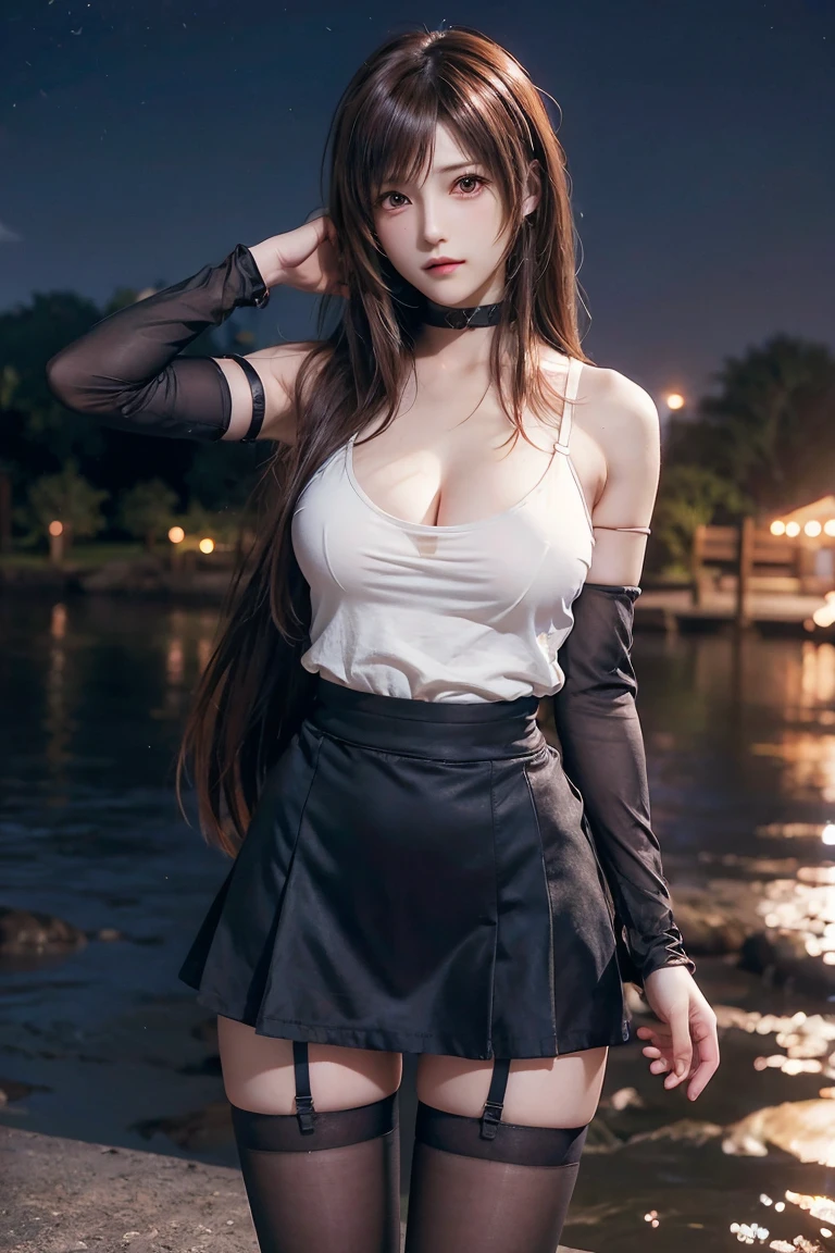 Tifa Lockhart, wallpaper, landscape, Written boundary depth, night, Particles of Light, Light, Side Lighting, Thighs, skirt, Red eyes, Brown Hair, Thigh-high socks, Arm Sleeves、Cleavage