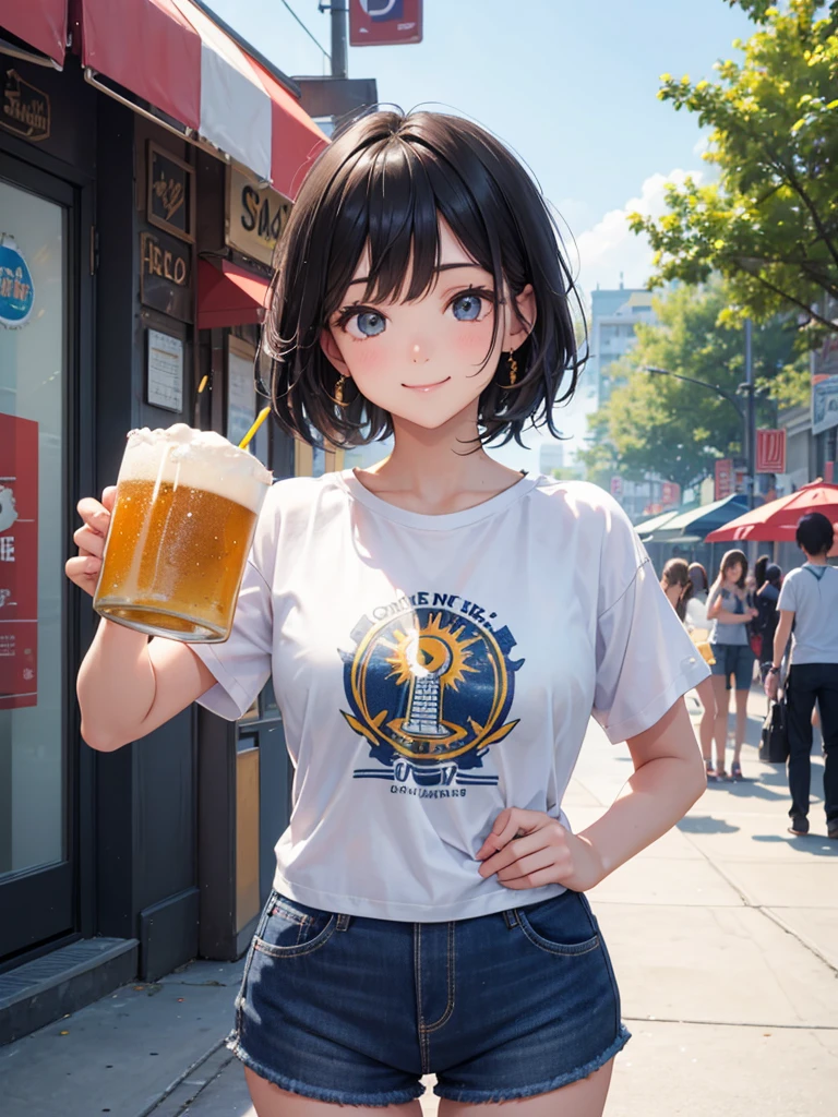 High resolution,Perfect Anatomy,Accurate anatomy,1 person ,Trending Hair,Trending Hair color,Trendy T-shirt

Sunshine bright, refreshing summer open-air cafe, Cheerfully holding a frosty mug of draft beer in both hands. she is smiling brightly, Her face shining with happiness. The girl has short black hair, Properly styled, and、Stylish light-up accessories, etc.、A casual outfit with a touch of futuristic elements. The atmosphere around her is warm, Vibrant, and満ち溢れる喜び.