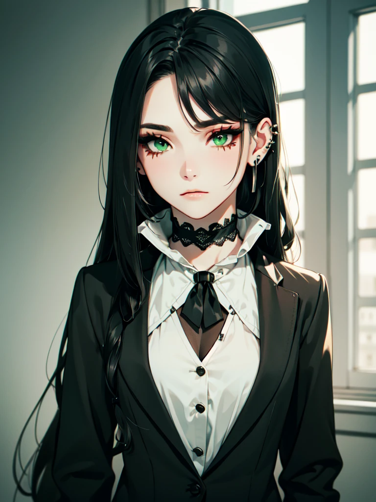 emo_hairstyle, ((tight black suit)), (black lace blazer), black tie, ((long hair)), ((straight hair)), (((black hair))), side swept bangs, white skin, pale, white, (green eye), tired expression, choker, ((dark makeup, mascara, eyeshadow)), multiple piercings, best quality, 8k, dark laboratory, dim lighting, white shirt, erotic
