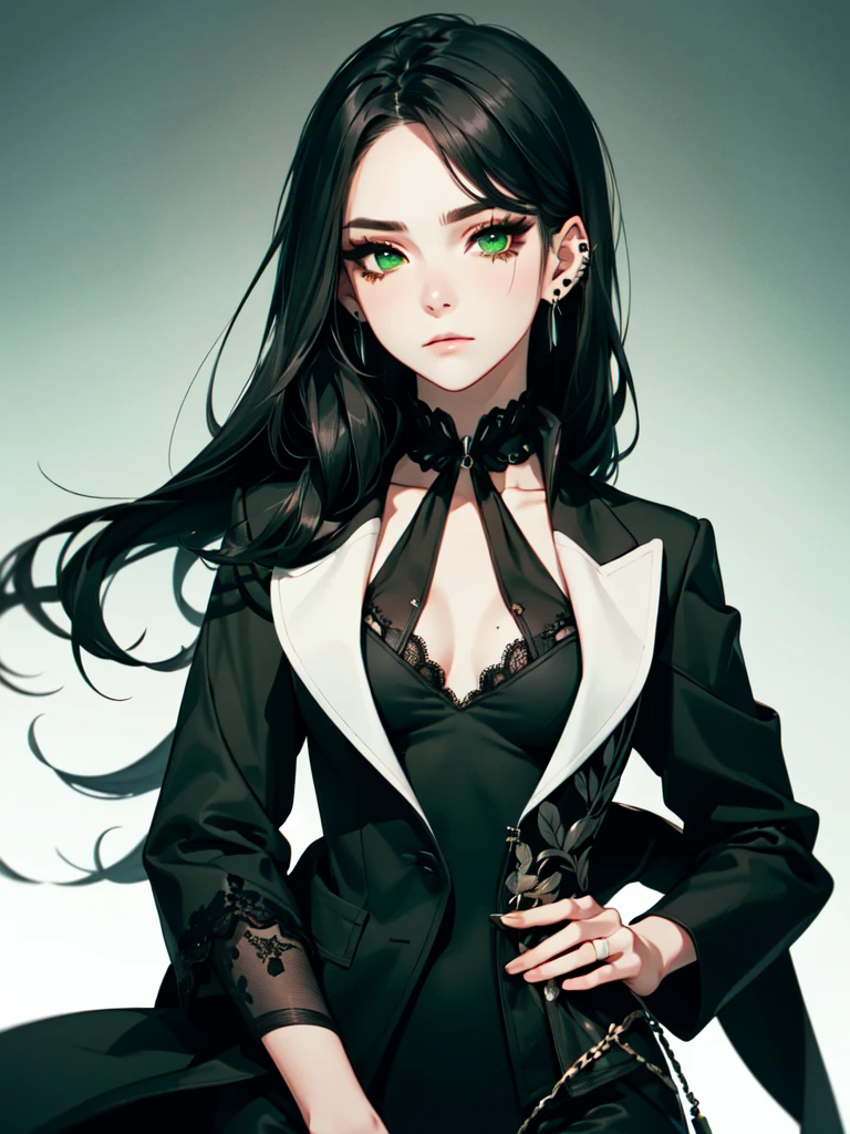 emo_hairstyle, ((tight black suit)), (black lace blazer), black tie, ((long hair)), ((straight hair)), (((black hair))), side swept bangs, white skin, pale, white, (green eye), tired expression, choker, ((dark makeup, mascara, eyeshadow)), multiple piercings, best quality, 8k, dark laboratory, dim lighting, white shirt, erotic