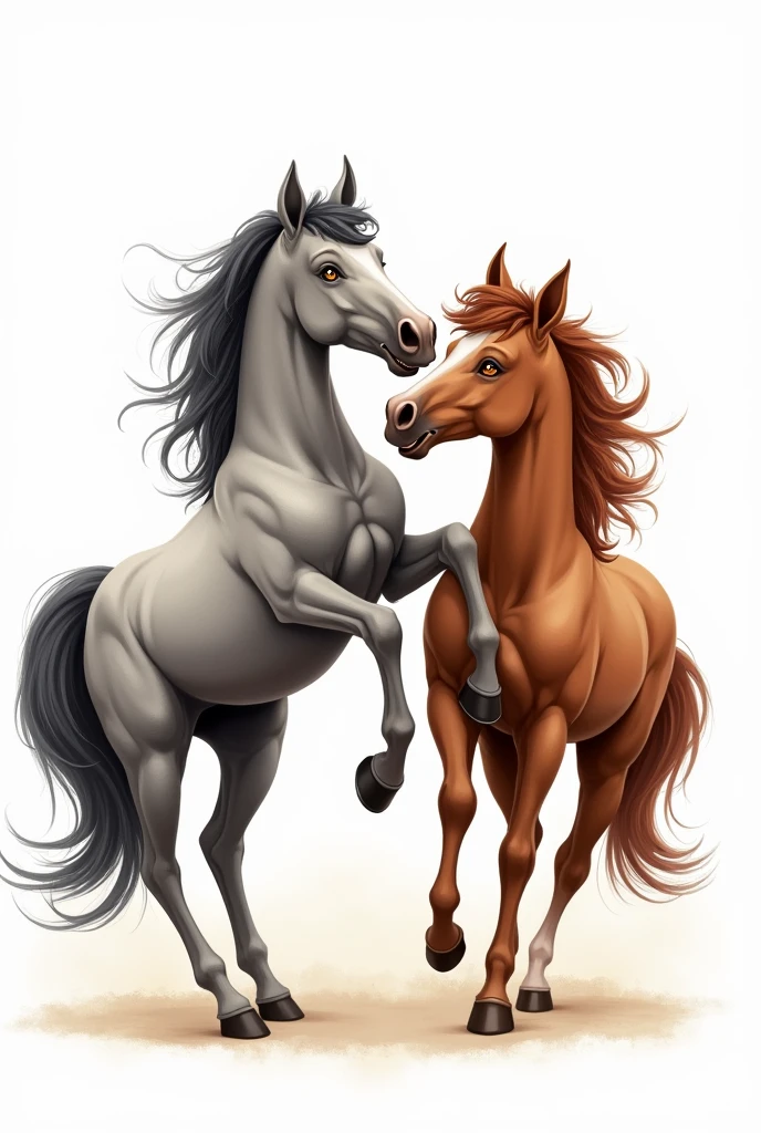 illustration, on a white background, of 2 horses (a gray with brown eyes and a chestnut) who are scratching each other