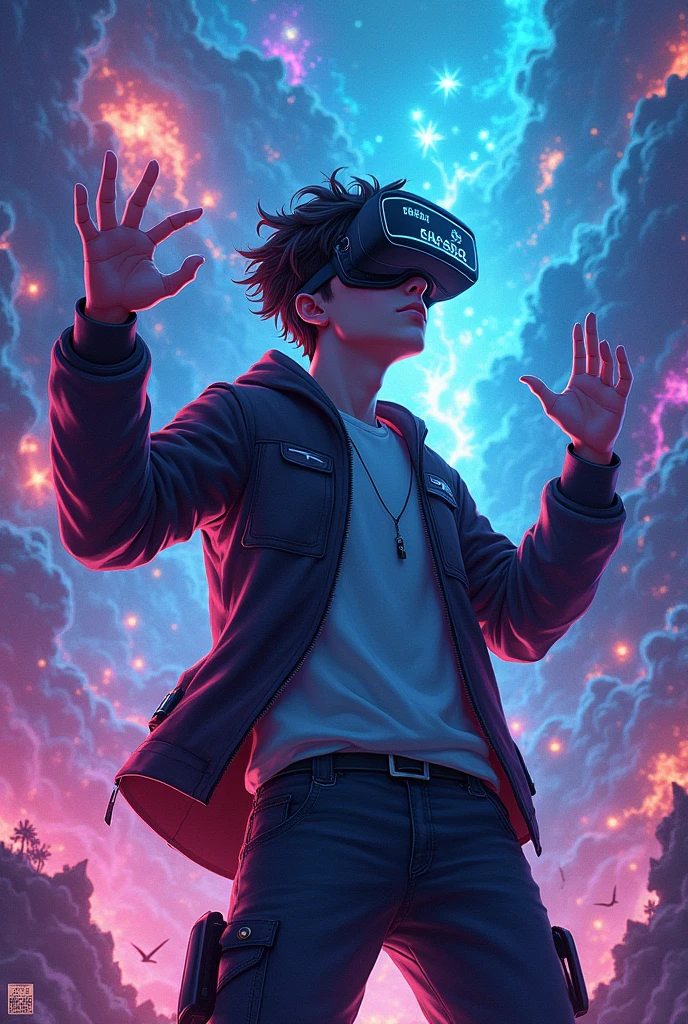 Create a poster for a movie, where the protagonist is a VR glasses user, but your life is put at risk, when glasses users enter a game and can no longer exit, now he has to solve this dilemma, use a bright color palette, lights and special effects, the film takes place inside a game, but remember, it is necessary to highlight the main character