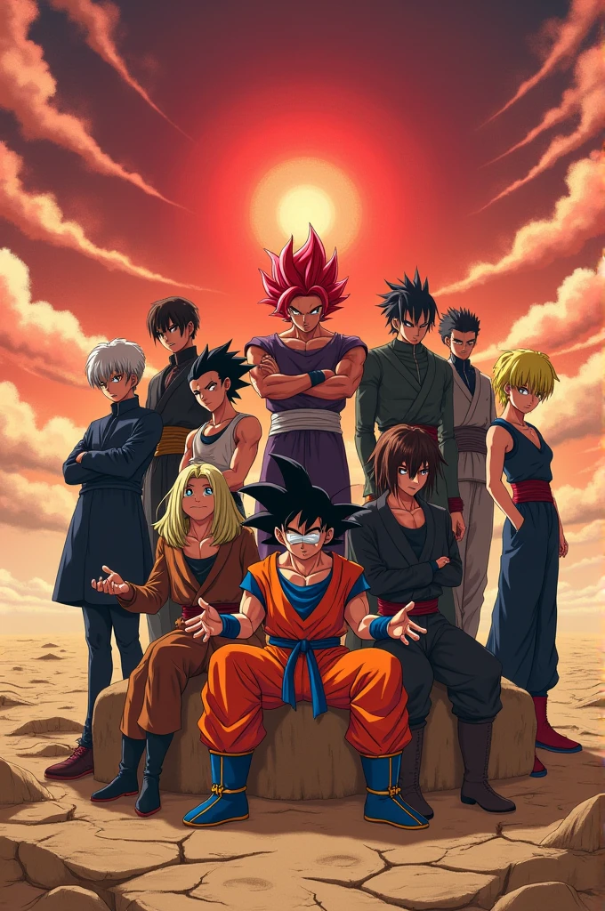 make an image in which gojo, Goku, Saitama, aizen, madara, Sukuna, eren, black Goku, garou are standing sitting together
