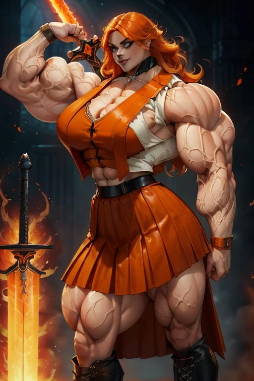 ((Close-up)), tall, (orange hair) beautiful muscular woman, long shaggy hair, pale white skinned, large breast, closed smile, (black lipstick), (massive muscles), (hyper muscle), ((ginormous bulky muscles)) green eyes, (((orange leather vest))), (((long pleated skirt))), ((carrying a orange fire sword)), choker, boots, in a mystical school,