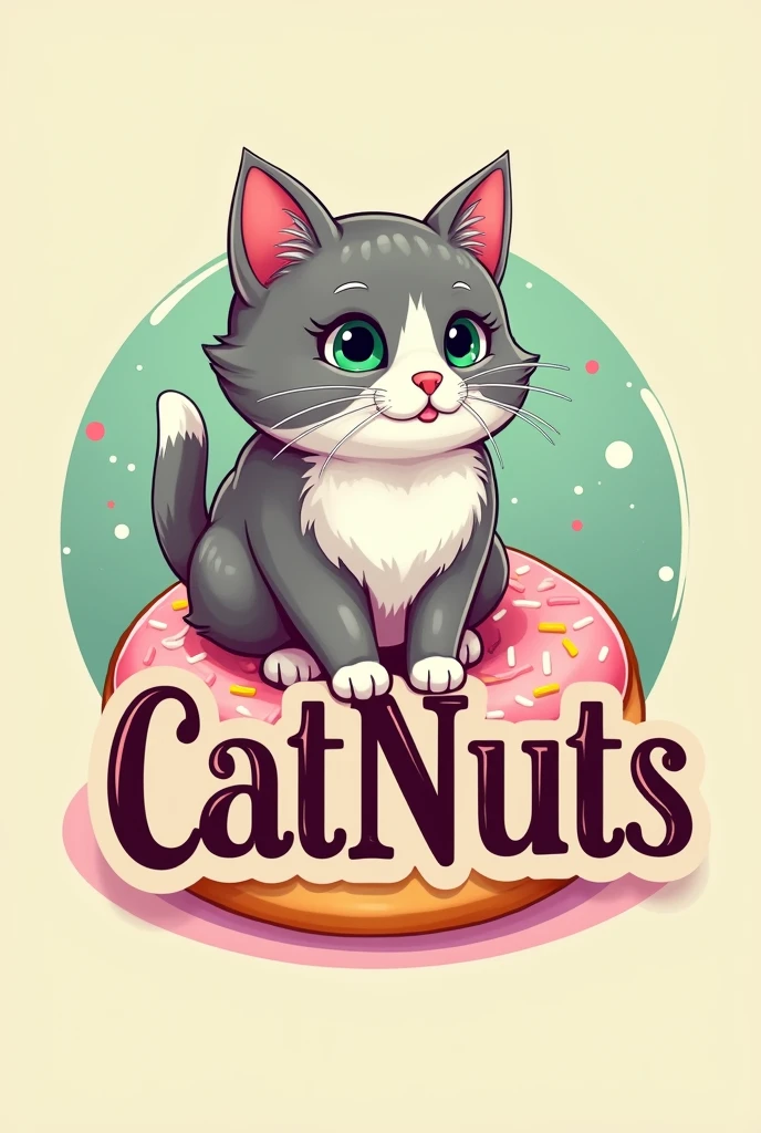 Create a vintage cartoon style logo with the name CatNuts below a donut and a gray and white Angora cat on top of the vintage donut.