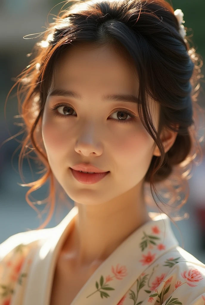 An elegantly dressed Japanese woman in natural light、A close-up of her chest and calm expression.、It shows her inner peace and outer charm.。