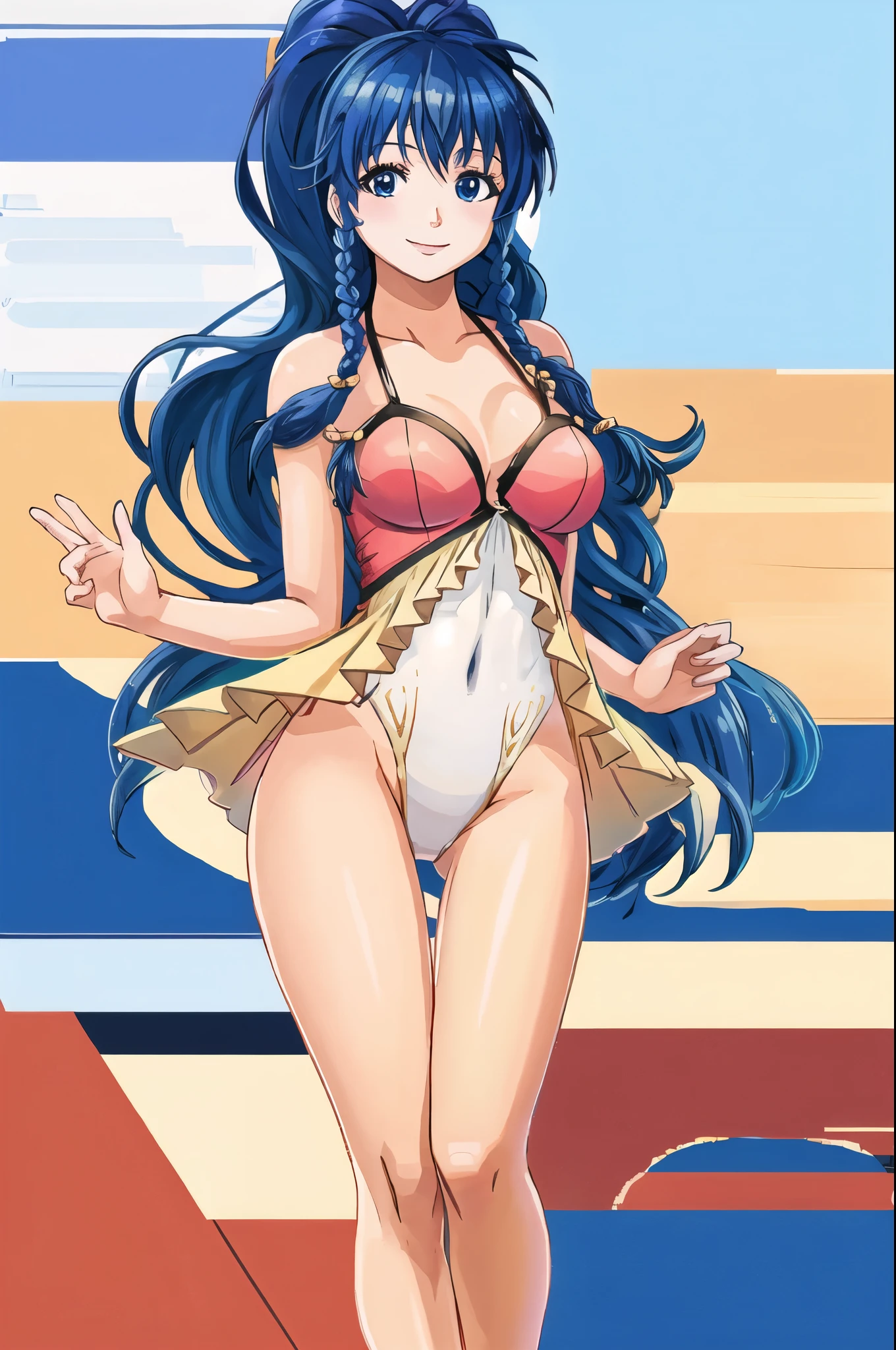 tana_fe_swimsuit, 1girl, cowboy shot, smile, medium breasts, one-piece swimsuit, thighs, twin braids