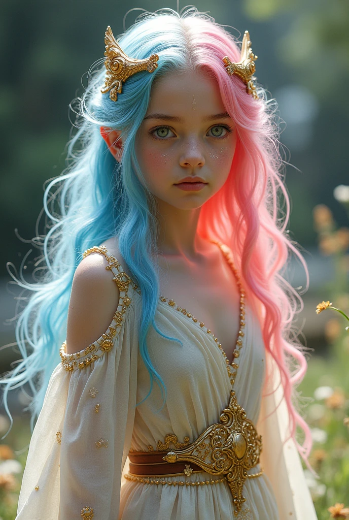 A very beautiful girl, Young and sexy with extremely pink hair with blue streaks. Your skin is white and delicate, with golden magical symbols tattooed on it, and your body is covered in a shimmering golden powder., your eyes are silver, She is noble e possui vestes chiques e elegantes porém é uma aventureira filha de uma fada, She is noble, She is also a bard and loves music, She's always with her delicate lute, besides carrying her beautiful sword, Because she is a bard, she is always with her lute in hand and her beautiful sword sheathed.