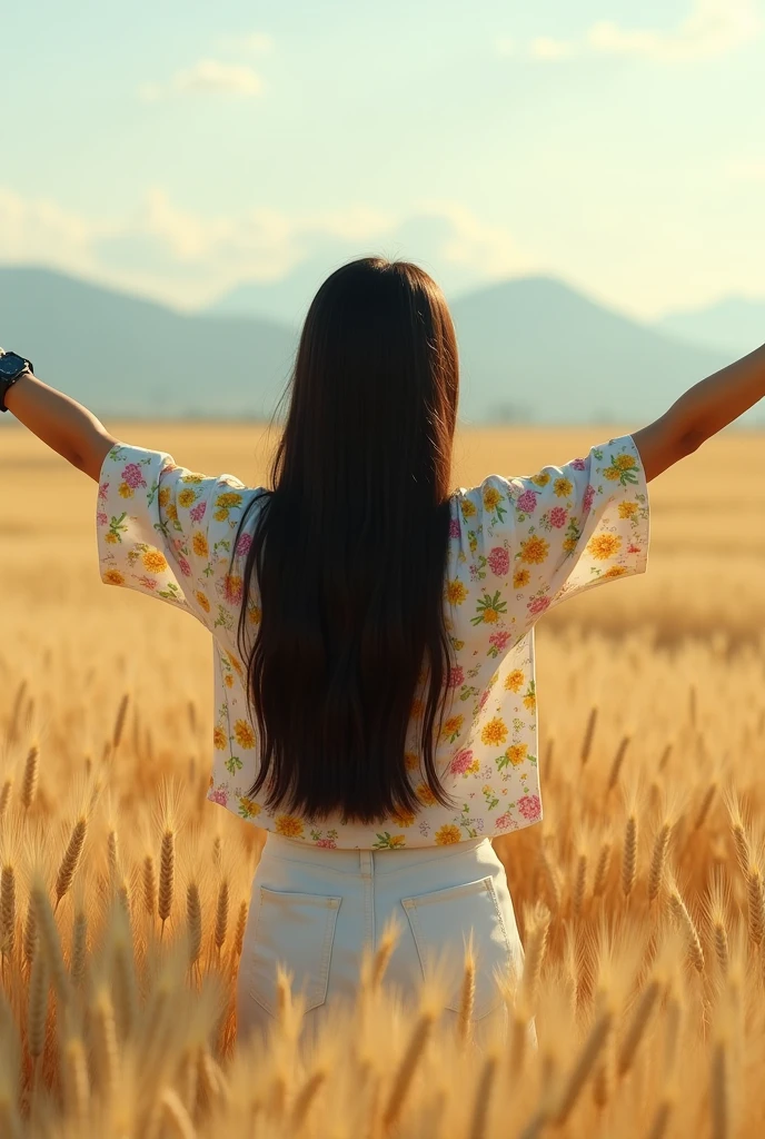 (Photorealism:1.2) A slim 14 year old girl in wheat field wearing collar shirt printed a combination of yellow pink and green small flowers on it , wearing a black digital watch in her left hand ,her long dead straight silky black hairs upto her waist . turned back enjoying beautiful relaxing weather with wide open arms and relaxing in beautiful weather .left hand showing black digital wrist watch and right hand wearing one emerald ring and right hand wrist have multiple beautiful pearl bands on them.looks original