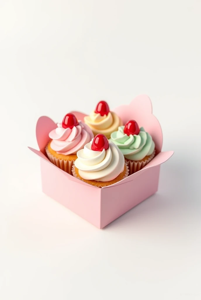 Create a 3D icon of multiple cupcakes in a cute box on a white background. The cupcakes should have a smooth, rounded, and slightly exaggerated appearance, with glossy frosting and soft-looking bases. The box should be designed in a minimalistic, cute style, with rounded edges and a simple, appealing look that matches the style of the cupcakes. The overall design should be cohesive and resemble the polished, modern look of the s'more in the reference image