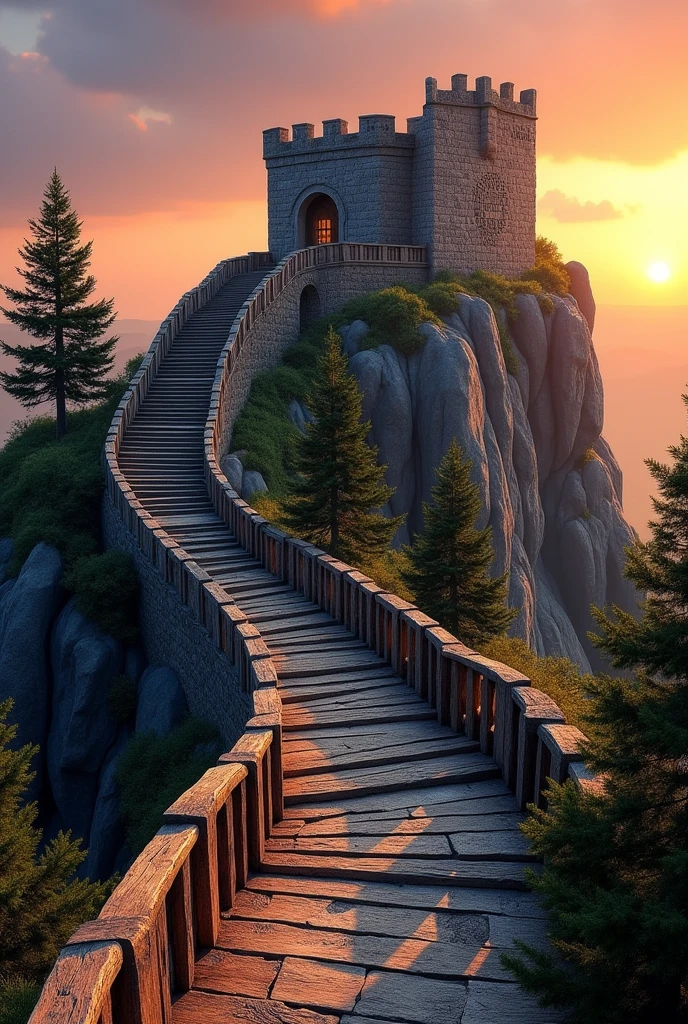 An elegant staircase leading to a large Viking wall atop a high mountain