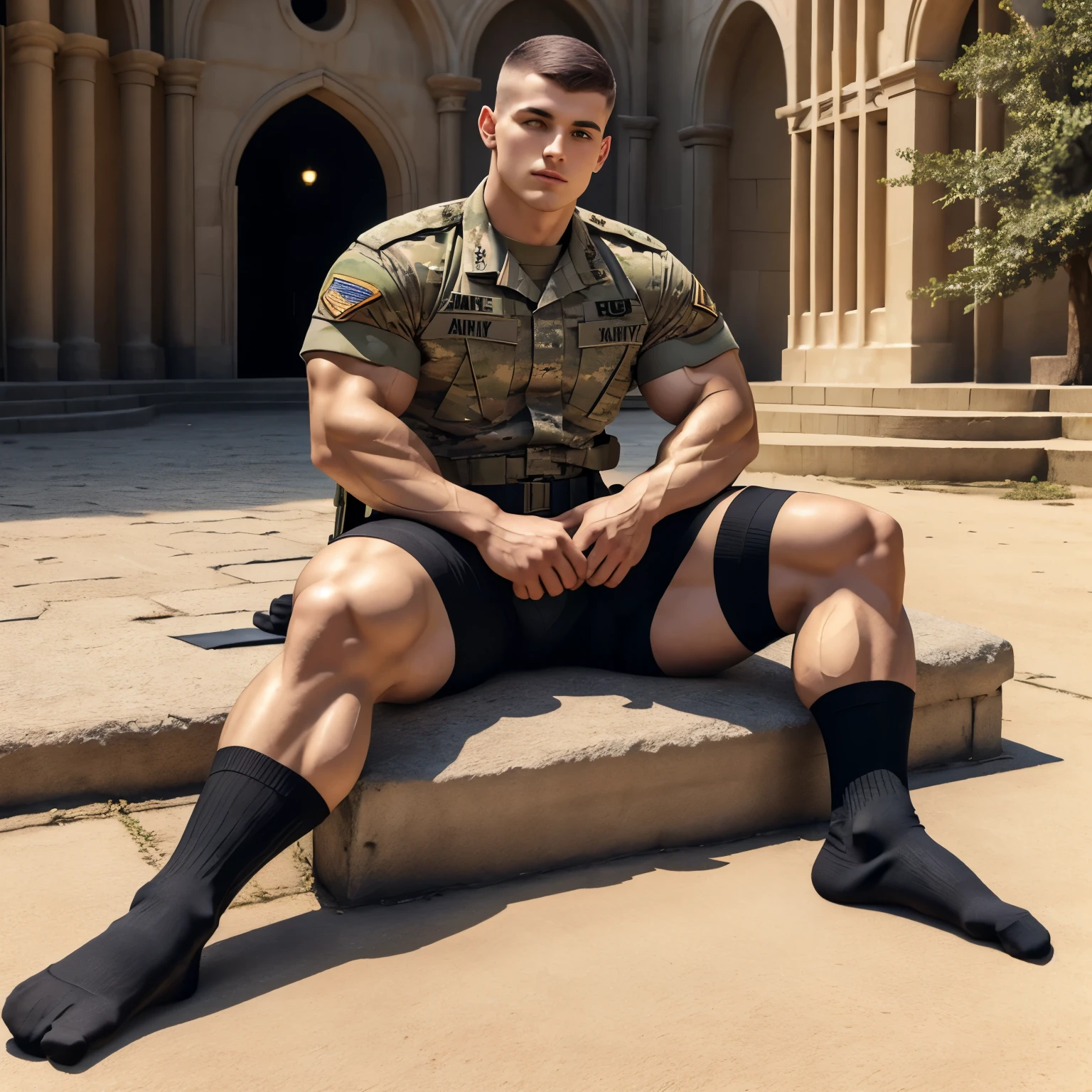 full view full body, army courtyard, sunny day, one Military young white soldier with aubern short hair, military haircut, seated on the ground in his black socks, shirtless , wearing black socks and army camo, his black socks must be seen