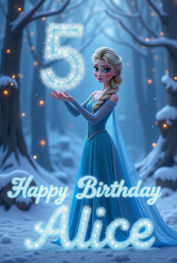 Princess Elsa from Frozen holding the number 5 in ice blue color and the phrase 'Happy Birthday Alice' at the bottom in a birthday context.