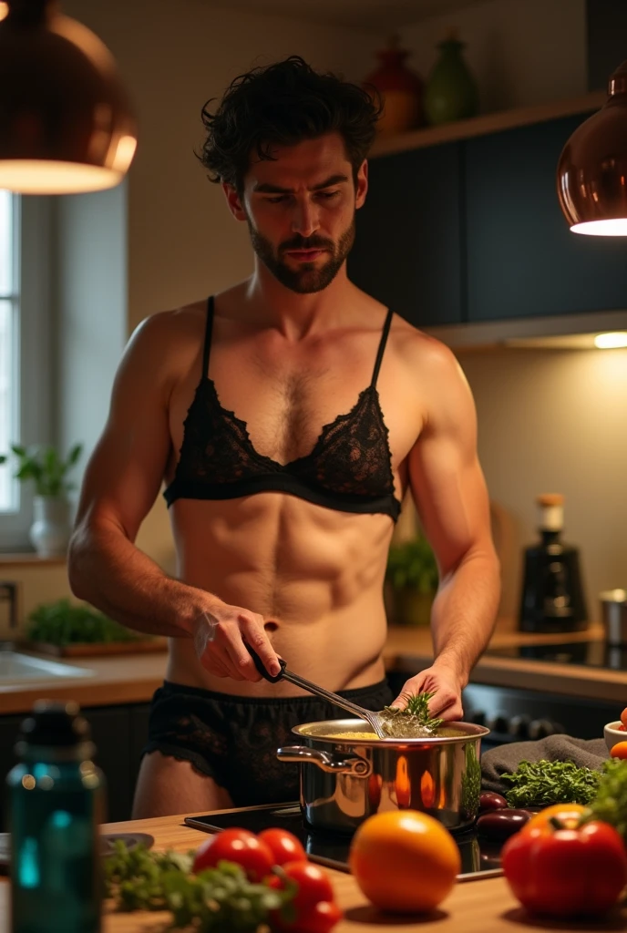 Husband cooking in kitchen wearing sexy lingerie
