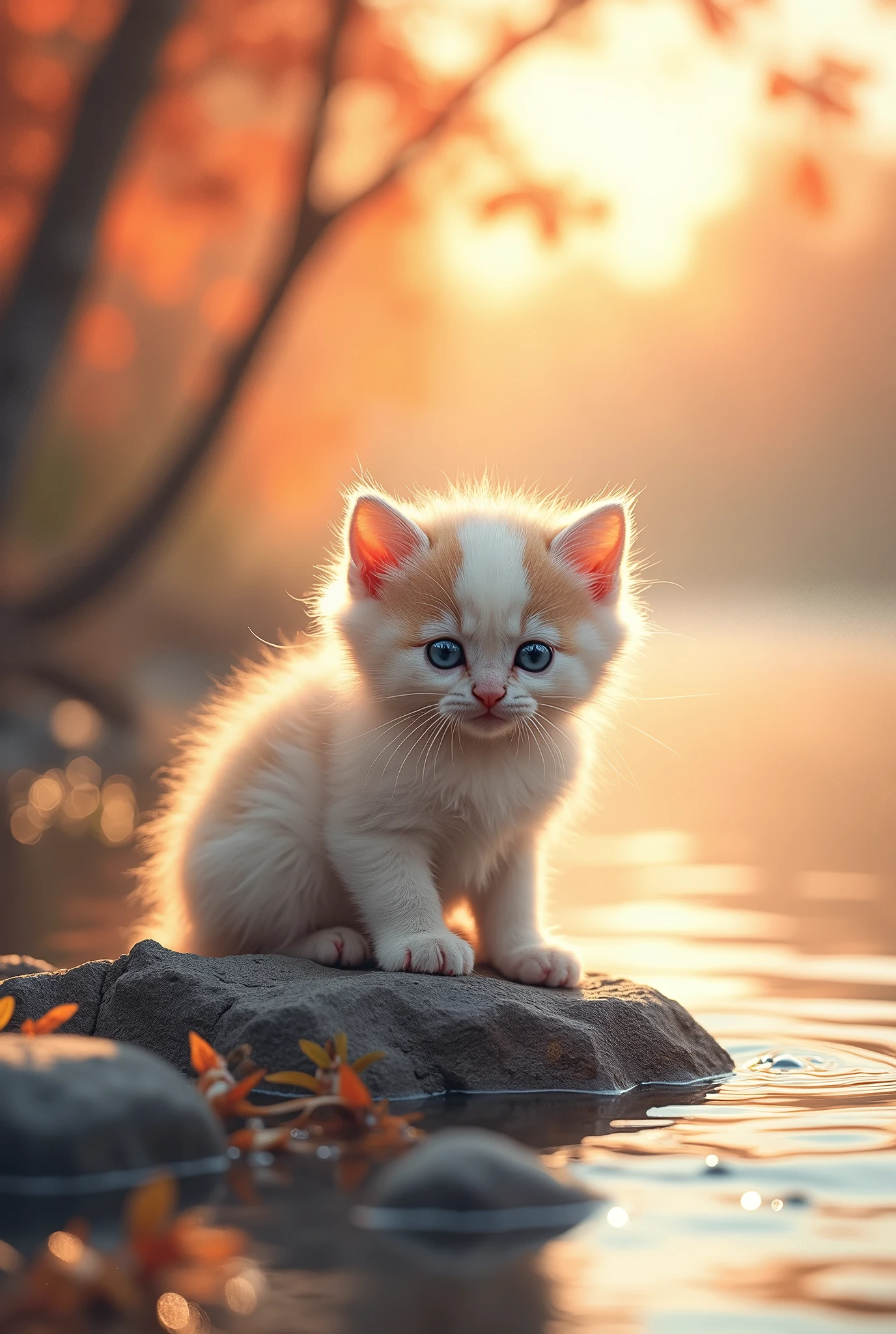 “Imagine a serene morning by a misty lake. A golden sunrise paints the sky with warm hues, as delicate rays of light filter through the trees. Suddenly, the camera zooms in on a tiny, fluffy kitten, perched on a rock by the water’s edge. It watches in awe as colorful fish leap gracefully out of the water, creating ripples that reflect the vibrant sky. The kitten playfully swats at the water, and the scene transitions into slow motion, capturing every splash and shimmer. The tranquil atmosphere,