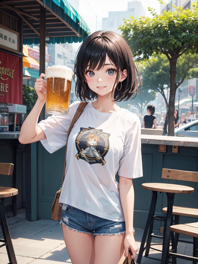 High resolution,Perfect Anatomy,Accurate anatomy,1 person ,Trending Hair,Trending Hair color,Trendy T-shirt

Sunshine bright, refreshing summer open-air cafe, Cheerfully holding a frosty mug of draft beer in both hands. she is smiling brightly, Her face shining with happiness. The girl has short black hair, Properly styled, and、Stylish light-up accessories, etc.、A casual outfit with a touch of futuristic elements. The atmosphere around her is warm, Vibrant, and満ち溢れる喜び.
