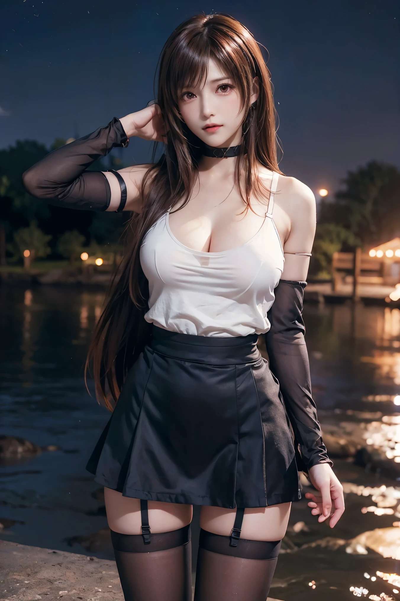 Tifa Lockhart, wallpaper, landscape, Written boundary depth, night, Particles of Light, Light, Side Lighting, Thighs, skirt, Red eyes, Brown Hair, Thigh-high socks, Arm Sleeves、Cleavage