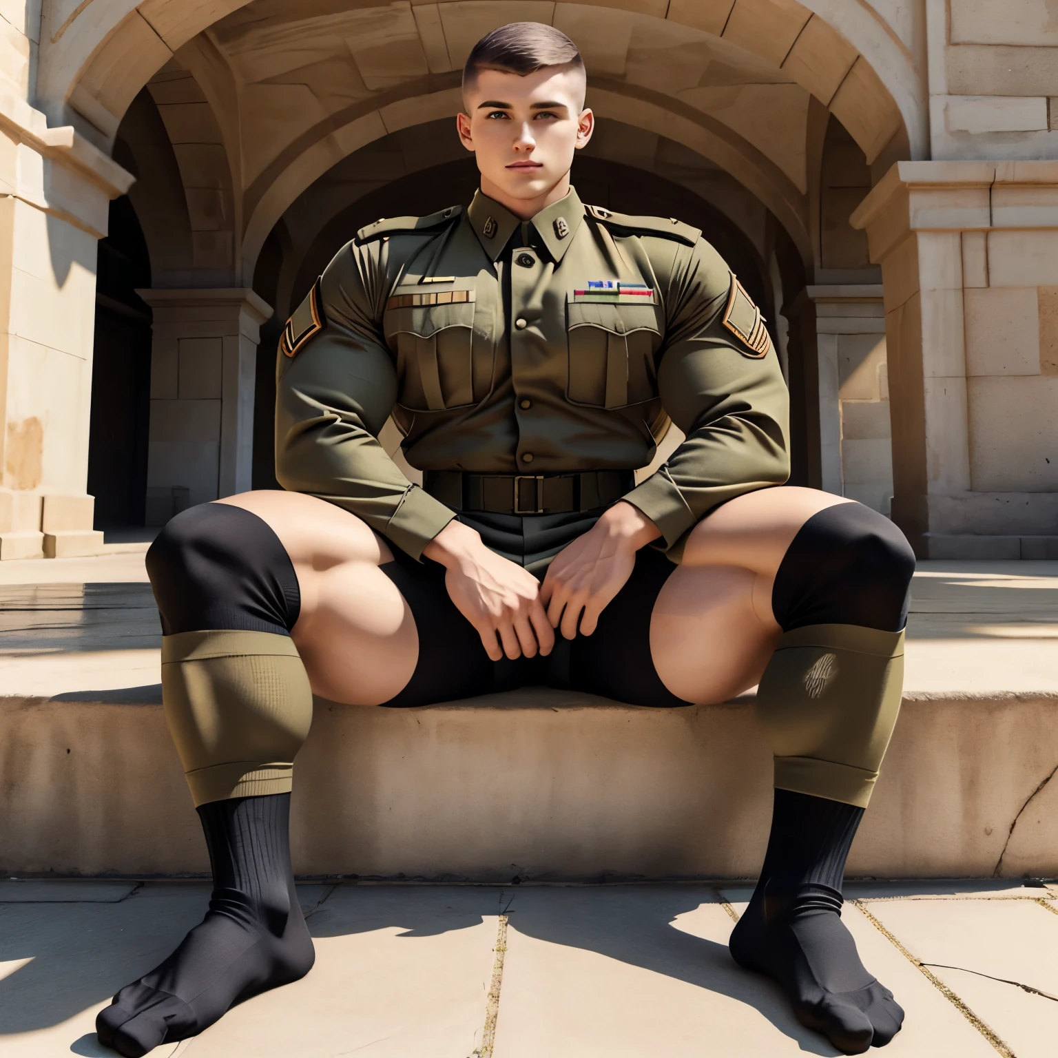 full view full body, army courtyard, sunny day, one Military young white soldier with aubern short hair, military haircut, seated on the ground in his black socks, shirtless , wearing black socks and army camo, his black socks must be seen