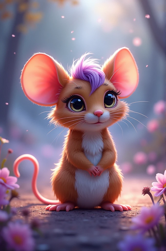 cute mouse, full length, tail one, amber fur with purple hairs, very beautiful, sparkling eyes, Beautiful expressive eyes, digital, pastel drawing, magic, view from afar in the background it says KORSAKOVA a lot of shimmering smoke