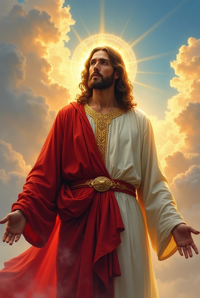 A drawing of Jesus, with one side of him wearing a red cassock