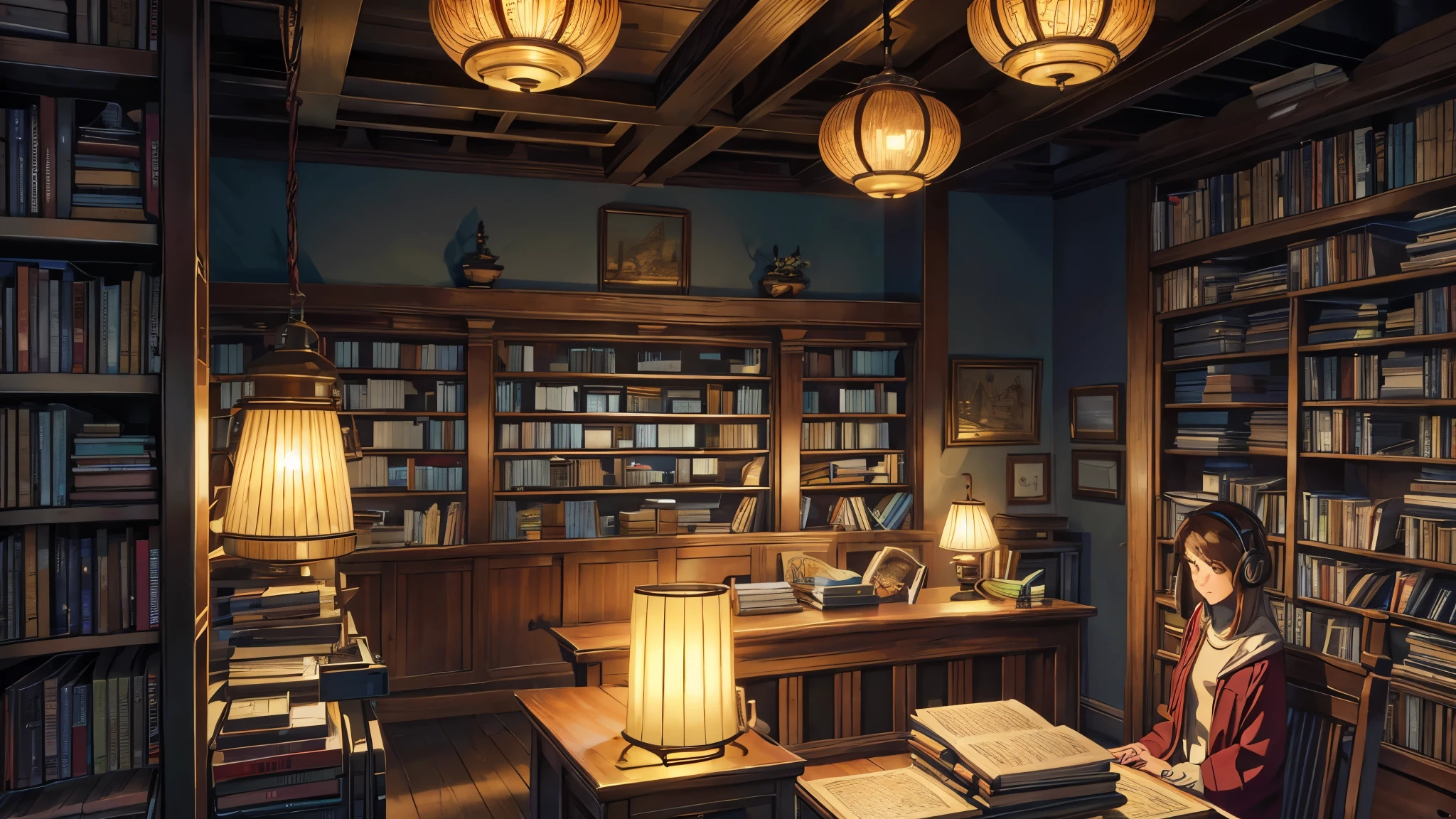 Describe an old library with tall shelves filled with books, lit by pendant lamps. A young woman sits at a wooden table, lost in a book while listening to lofi music on her headphones. The environment is silent, with the distant sound of pages turning, providing a perfect space for introspection and calm