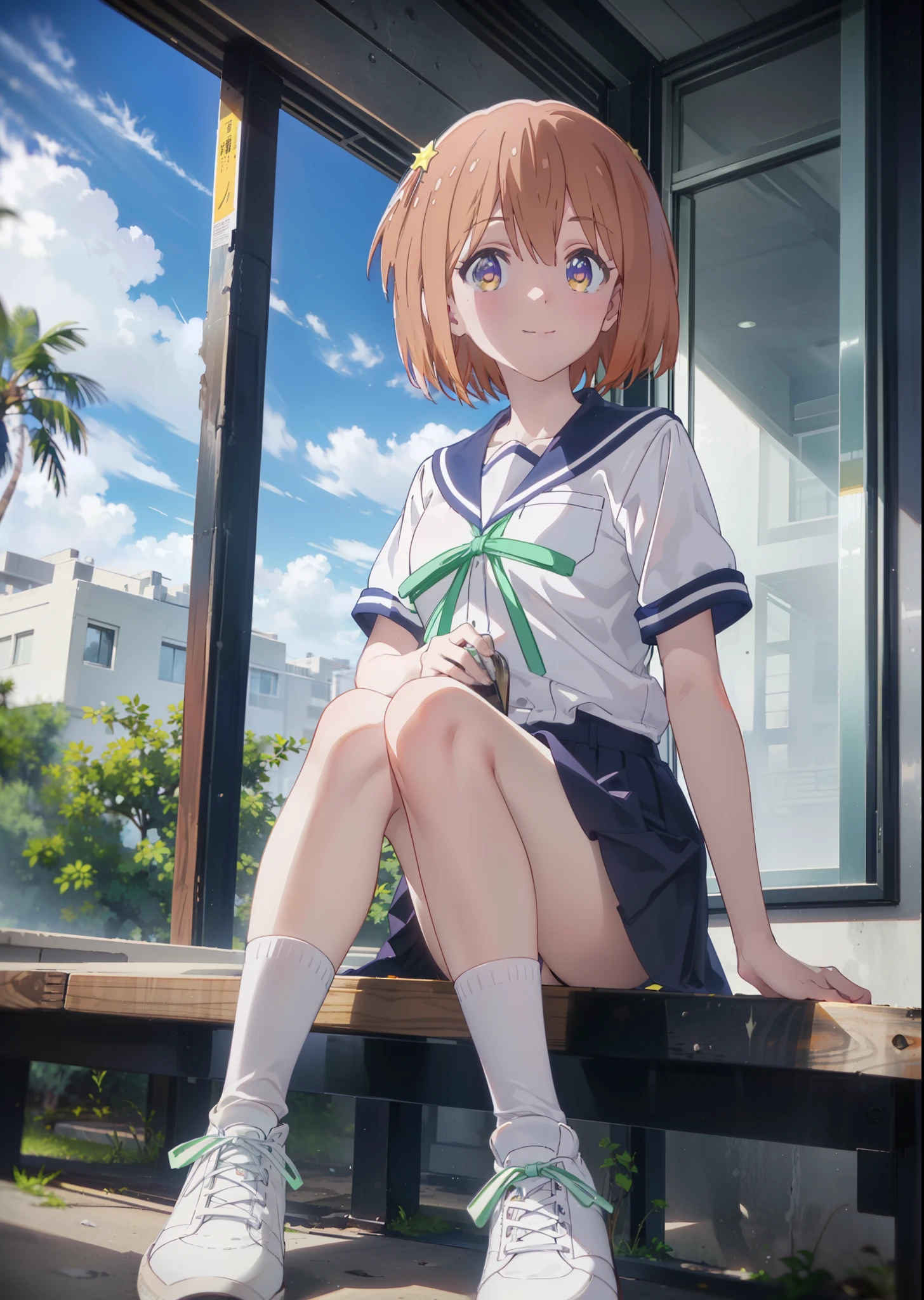 Mira Konohata, Check it out, short hair, bangs, orange hair, (Purple eyes:1.2), (Sailor suit, Short sleeve_uniform, uniform, green_ribbon, Navy Blue_skirt, White_socks, White High Socks, White sneakers, sit down,sitting,White_sneakers, White_sports boots,Daytime,Clear skies,Palm tree,Walking,smile,Close your mouth,blush,whole bodyがイラストに入るように,
BREAK outdoors, tropical,Tropical,Coastal Road,
BREAK looking at viewer, whole body,
BREAK (masterpiece:1.2), Highest quality, High resolution, unity 8k wallpaper, (figure:0.8), (Beautiful attention to detail:1.6), Highly detailed face, Perfect lighting, Highly detailed CG, (Perfect hands, Perfect Anatomy),