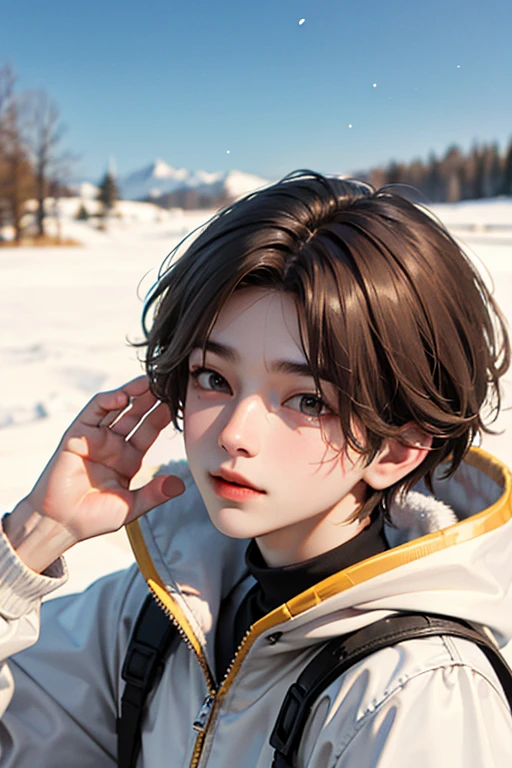One boy, Light Brown Hair, White skin, 18 years old, super detail, masterpiece, 8k, korean, amazing, Idol, high quality, Refreshing, high quality, androgynous boy, Refreshing, winter, clear, Natural lighting, Make your eyes look more natural, prime, The season of snowfall, High Quality