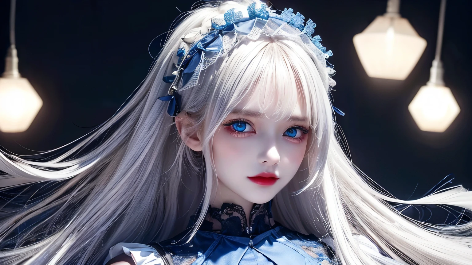 4K quality:1.2,1girl,sense of deps,disorganized,catch light,Super beautiful illustration,((White,long hairstyles:1.3)),dark dark eyeshadow,(((4k,super beautiful,In detail,blue eyes))),bright red lipstick,gothic lolita,;D,beautiful and delicate hair
