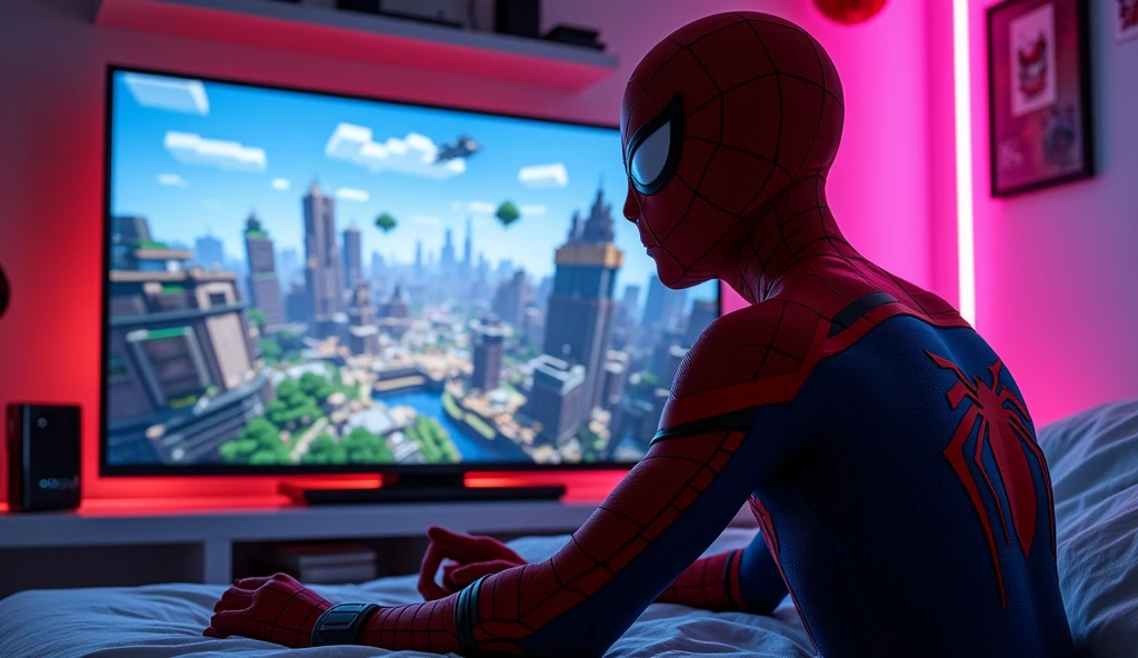 Spider-Man, in his 2022 film style with a sleek, high-tech suit, is sitting in his futuristic bedroom, intensely focused on playing Minecraft on a PS5. The room is dimly lit with neon lights, and the walls are adorned with superhero action posters and tech gadgets. The TV screen displays a Minecraft world, where Spider-Man is building and battling mobs, blending creativity with action. His expression is serious, almost as if he’s preparing for a real mission. The atmosphere combines the relaxed, blocky aesthetic of Minecraft with the high-energy, action-packed vibe of Spider-Man’s world, creating a unique fusion of adventure and gaming
