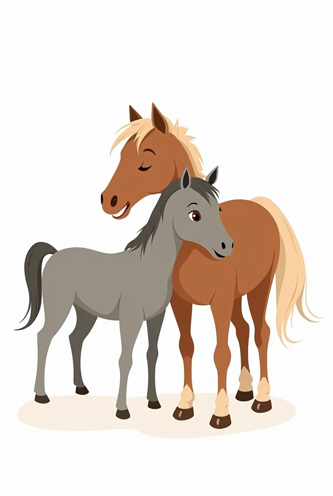 Minimalist illustration, on a white background, of 2 horses (a gray with brown eyes and a chestnut) who are scratching each other