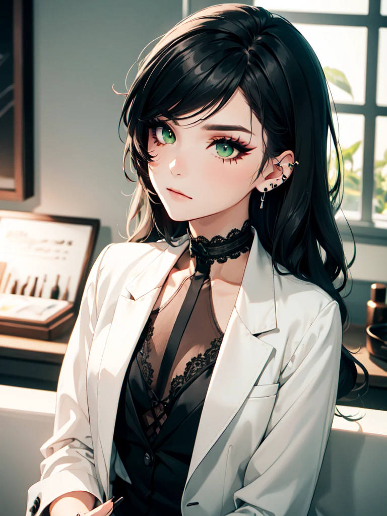 emo_hairstyle, ((tight black suit)), (black lace blazer), black tie, ((long hair)), ((straight hair)), (((black hair))), side swept bangs, white skin, pale, white, (green eye), tired expression, choker, ((dark makeup, mascara, eyeshadow)), multiple piercings, best quality, 8k, dark laboratory, dim lighting, white shirt, erotic
