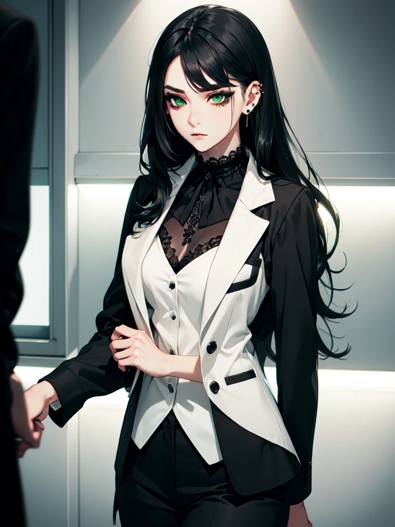 emo_hairstyle, ((tight black suit)), (black lace blazer), black tie, ((long hair)), ((straight hair)), (((black hair))), side swept bangs, white skin, pale, white, (green eye), tired expression, choker, ((dark makeup, mascara, eyeshadow)), multiple piercings, best quality, 8k, dark laboratory, dim lighting, white shirt, erotic
