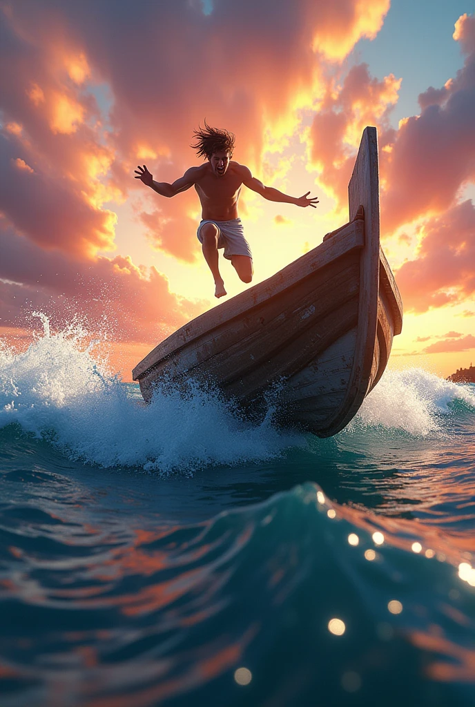 A man falling scene in the sea from a small boat, 3d animated, fantasy and cinematic.