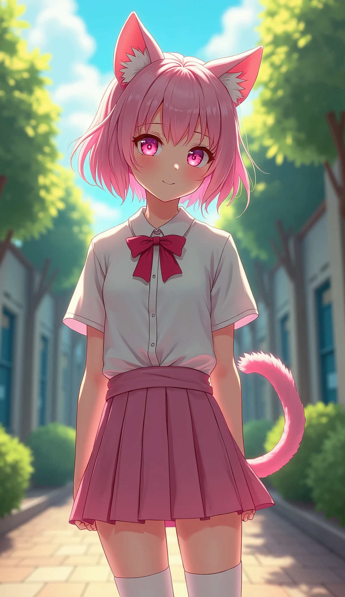 (((There is one girl:1.5))),Waifu E-girl, Cat Ears, Cat Tail, ((Glowing-Pink-Eyes)),(((A tall high school girl with a model figure))),Perfect proportions,(Standing facing this),Full body photography,(wide thighs, Very long legs),Fleshy,Mid-chest,(((Cleavage))),Breast enlargement,swelling of the nipples,Unbutton your shirt,Loafer Asterpiece on the ground:1.3),((8k, Photorealistic:1.4)),((Surreal,RAW Photos, highest quality: 1.4)),((Ultra high definition,Super detailed)), Beautiful Face,((Realistic face),(Brown's shortcuts:1.3)),Short Hair,Disheveled Hair,Fluffy hair,Detailed eyes,Realistic beautiful skin,Golden Ratio,Super cute,Open your mouth a little,smile,High school girl in summer clothes,White shirt,Sweaty,Wetty,(Wet shirt),See-through shirt,Light clothing,Surreal school girl,pleated micro mini skirt,Checkered micro mini skirt,Pleated miniskirt with tartan check,((I can see your panties!!)),pantyhose,(Black Stockings),((Knee-high stockings)),loafers,Esbian all over,High school girl wearing JK uniform,Sexy pose,Anatomically accurate body,Precisely drawn fingers,