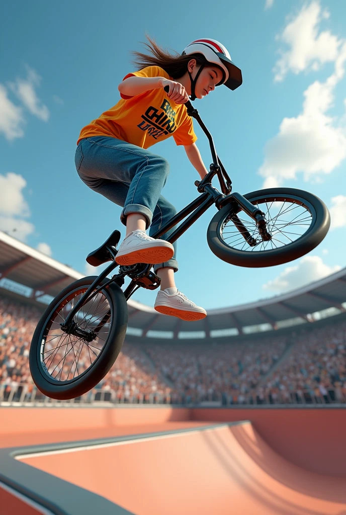 (masterpiece, Highest quality, shape, Subtle details, 8k:1.2),(Highly detailed CG Unity 8k wallpaper), (Highest quality), (Best illustrations), A dynamic 3D digital image of a BMX freestyle competition set in a specialized park, showing a female rider performing a 360-degree backflip. The rider is wearing a vibrant patterned T-shirt, jeans, and a cycling helmet designed for BMX racing, along with white sneakers. The scene is viewed from a slightly low, angled perspective, emphasizing the height and movement of the rider and her BMX bike. The background features a large stadium with packed spectator stands, where a crowd is cheering and watching the event. The image captures the speed, intensity, and excitement of the moment, with motion blur and the rider mid-air during the trick. The park's ramps and obstacles are visible, adding to the high-energy atmosphere of the competition.,A realistic 3D digital image capturing a female BMX rider mid-air while performing a 360-degree backflip in a freestyle park. The rider is wearing a bright, eye-catching T-shirt with a bold pattern, paired with jeans, a BMX racing helmet, and white sneakers. The scene is set in a BMX park with ramps and obstacles, viewed from a low, angled perspective to emphasize the height and energy of the jump. Around the park, the stadium seating is packed with spectators, who are actively cheering and supporting the rider. The image conveys the speed, power, and thrill of the moment, with the rider and her bike appearing in sharp focus while the background blurs slightly, enhancing the sense of motion and action. The park and stadium create an atmosphere of excitement and high-stakes competition.