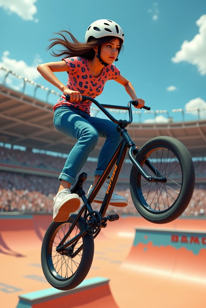 (masterpiece, Highest quality, shape, Subtle details, 8k:1.2),(Highly detailed CG Unity 8k wallpaper), (Highest quality), (Best illustrations), A dynamic 3D digital image of a BMX freestyle competition set in a specialized park, showing a female rider performing a 360-degree backflip. The rider is wearing a vibrant patterned T-shirt, jeans, and a cycling helmet designed for BMX racing, along with white sneakers. The scene is viewed from a slightly low, angled perspective, emphasizing the height and movement of the rider and her BMX bike. The background features a large stadium with packed spectator stands, where a crowd is cheering and watching the event. The image captures the speed, intensity, and excitement of the moment, with motion blur and the rider mid-air during the trick. The park's ramps and obstacles are visible, adding to the high-energy atmosphere of the competition.,A realistic 3D digital image capturing a female BMX rider mid-air while performing a 360-degree backflip in a freestyle park. The rider is wearing a bright, eye-catching T-shirt with a bold pattern, paired with jeans, a BMX racing helmet, and white sneakers. The scene is set in a BMX park with ramps and obstacles, viewed from a low, angled perspective to emphasize the height and energy of the jump. Around the park, the stadium seating is packed with spectators, who are actively cheering and supporting the rider. The image conveys the speed, power, and thrill of the moment, with the rider and her bike appearing in sharp focus while the background blurs slightly, enhancing the sense of motion and action. The park and stadium create an atmosphere of excitement and high-stakes competition.