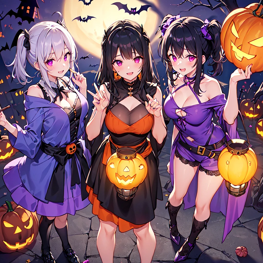 masterpiece, best quality, high quality, extremely detailed, very delicate and beautiful, (3female 18 years old Three:1.5), (long black hair up to waist with two side up:1.5), bangs to eyebrows, eyes Eyebrows glossy, (eye color magenta:1.3), 6.5 head height, (Halloween witch fashion:1.3), knee socks, lace, ruffles, (standing), (smiling), (dynamic pose), (background Halloween town:1.3), ( Lantern:1.3), (lots of Halloween candy), (moonlit night)