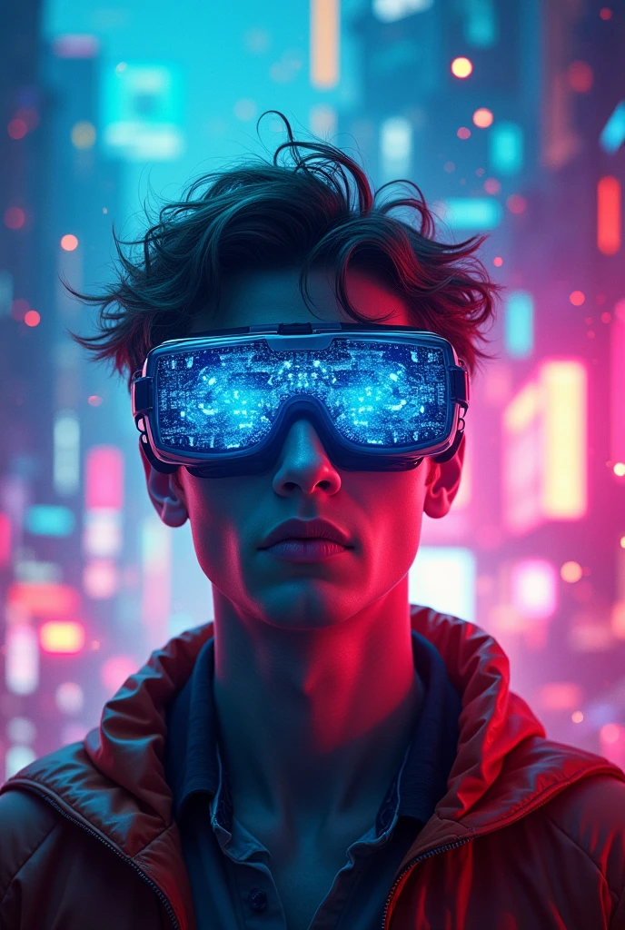 Create a poster for a movie, where the protagonist is a VR glasses user, but your life is put at risk, when glasses users enter a game and can no longer exit, now he has to solve this dilemma, use a bright color palette, lights and special effects, the film takes place inside a game, but remember, it is necessary to highlight the main character, The image is realistic, focus on the glasses and the main character's face