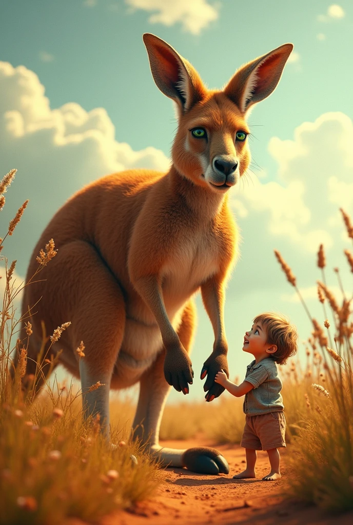 Giant kangaroo queen gets scared when she devours her young human friend, Unintentionally. not anime style.