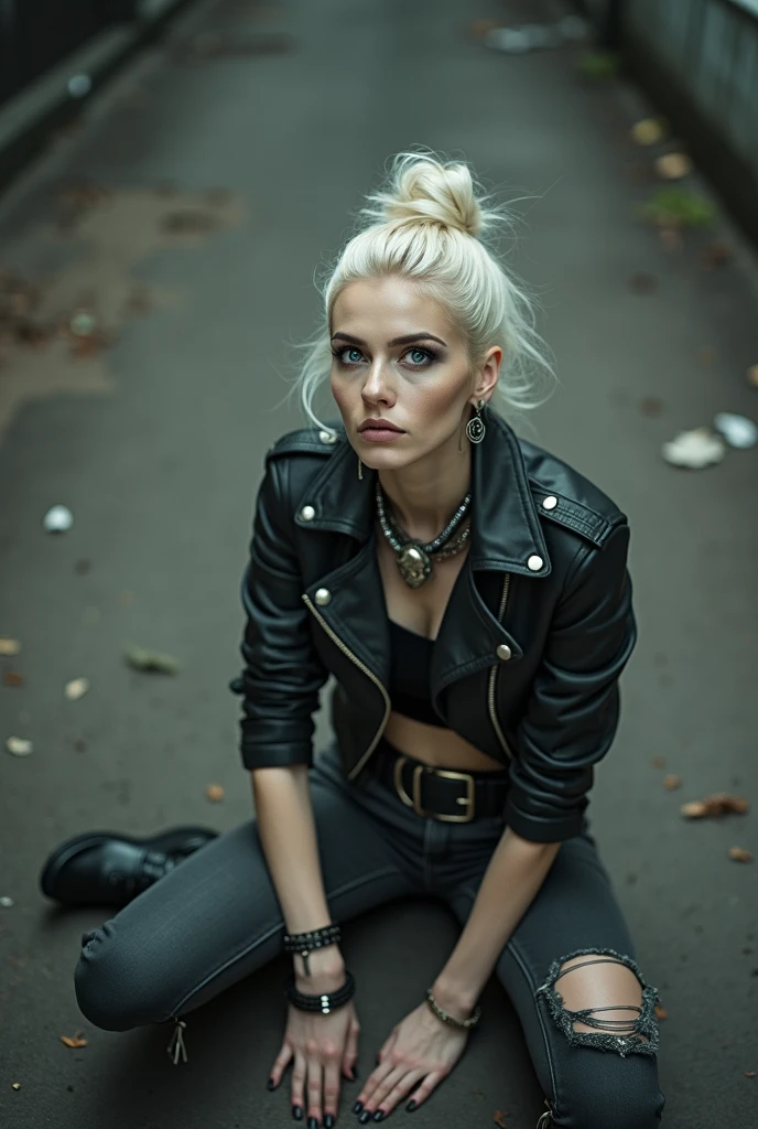 russian milf, platinum blonde hair in top bun ,with very light blue eyes, pale, heavy eye shadows. Sad face, big eyes, smeared make up. Wearing black moto jacket, cropped metal band t-shirt, black skinny jeans and black snakeskin cowboy boots . Lots of metallic braceles and collars. Tattoed. Tacky leather belt with oversized buckle. Wide loop earrings. Scared face. Sitting on the ground. Looks up in fear thinking that God is peaking to her
