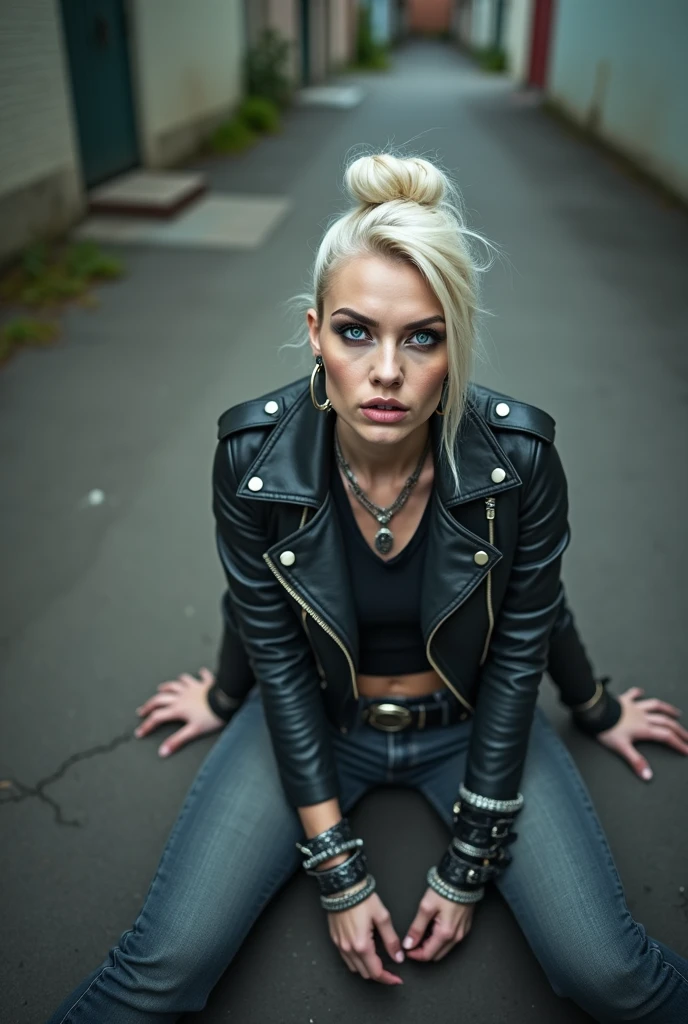 russian milf, platinum blonde hair in top bun ,with very light blue eyes, pale, heavy eye shadows. Sad face, big eyes, smeared make up. Wearing black moto jacket, cropped metal band t-shirt, black skinny jeans and black snakeskin cowboy boots . Lots of metallic braceles and collars. Tattoed. Tacky leather belt with oversized buckle. Wide loop earrings. Scared face. Sitting  on the ground. Looks up in fear thinking that God is peaking to her